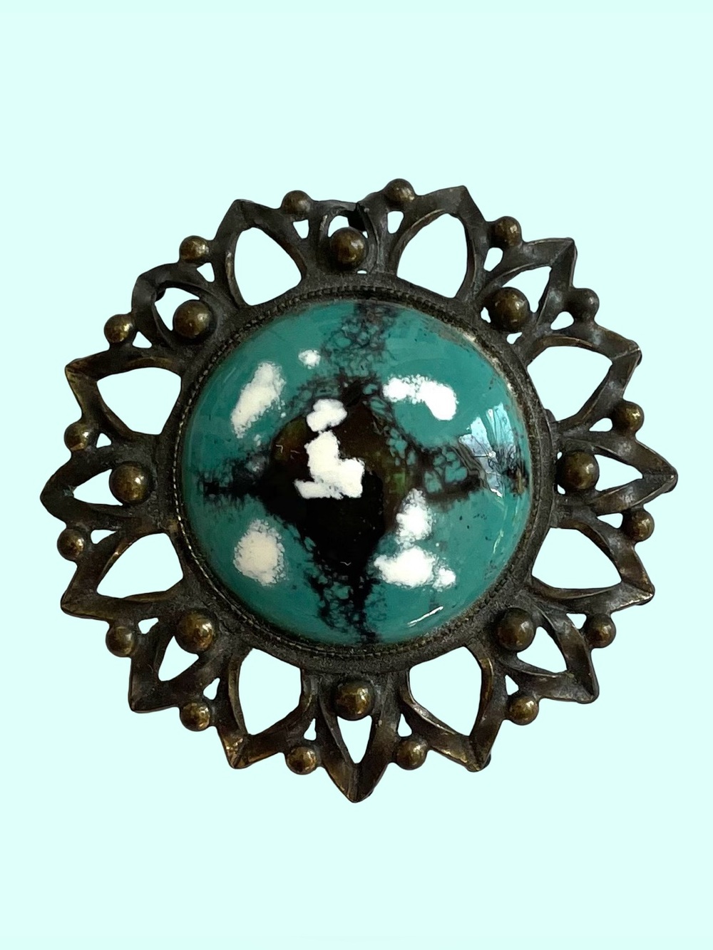 Vintage Mid-Century Glass Brooch With Openwork Antiqued Metal Frame